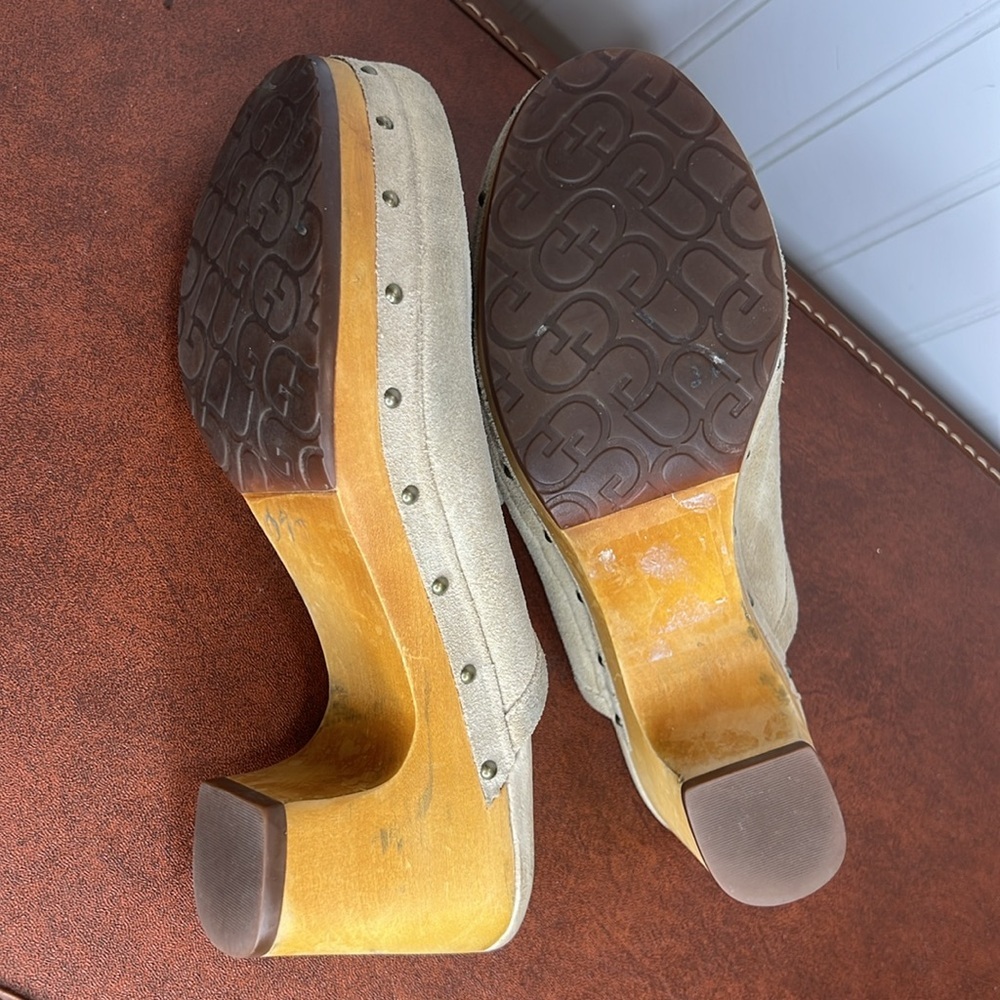 UGG Cream Suede Clog Heels with Wood Platform - Picture 10 of 13